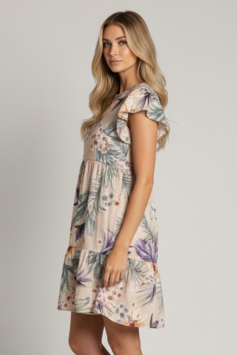 TAUPE TROPICAL BUTTERFLY SLEEVES MINI DRESS D5106