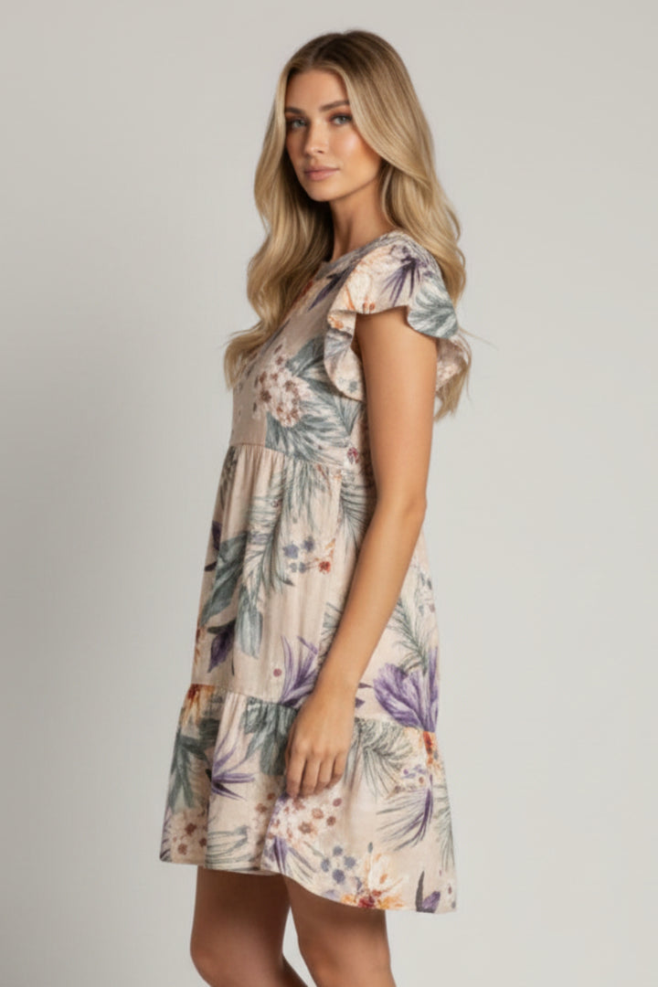 TAUPE TROPICAL BUTTERFLY SLEEVES MINI DRESS D5106