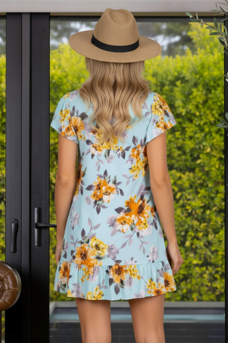 FLORAL PRINT RUFFLED HEM TUNIC TOP-T1983-