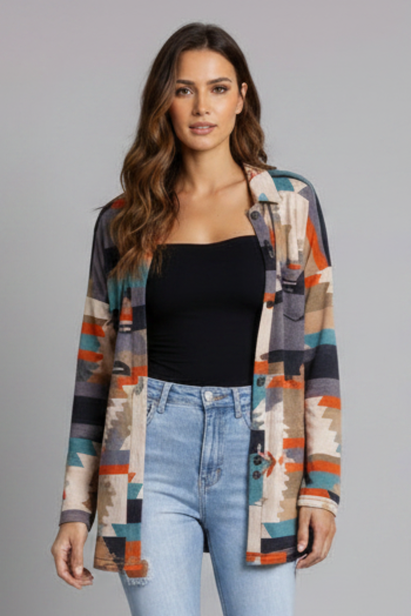 GRAY ORANGE AZTEC PRINT OPEN FRONT CARDIGAN-SG21040