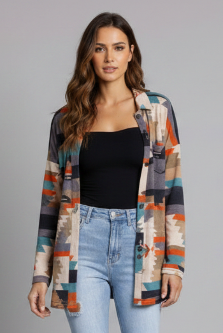 GRAY ORANGE AZTEC PRINT OPEN FRONT CARDIGAN-SG21040