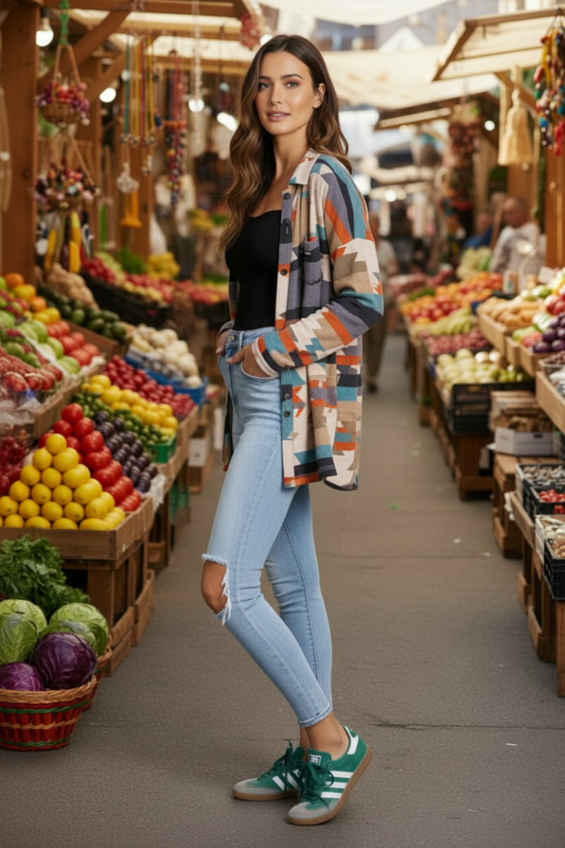 GRAY ORANGE AZTEC PRINT OPEN FRONT CARDIGAN-SG21040