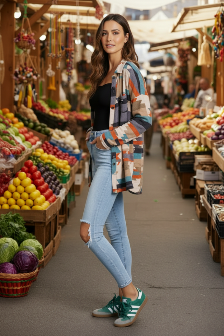 GRAY ORANGE AZTEC PRINT OPEN FRONT CARDIGAN-SG21040