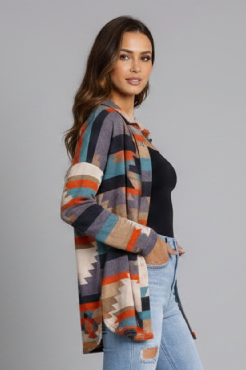 GRAY ORANGE AZTEC PRINT OPEN FRONT CARDIGAN-SG21040