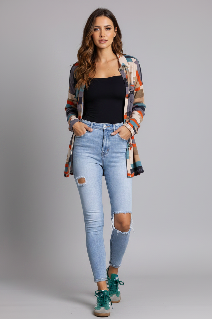 GRAY ORANGE AZTEC PRINT OPEN FRONT CARDIGAN-SG21040