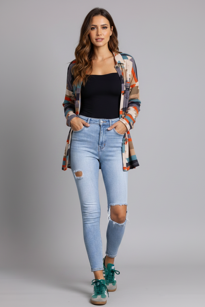 GRAY ORANGE AZTEC PRINT OPEN FRONT CARDIGAN-SG21040
