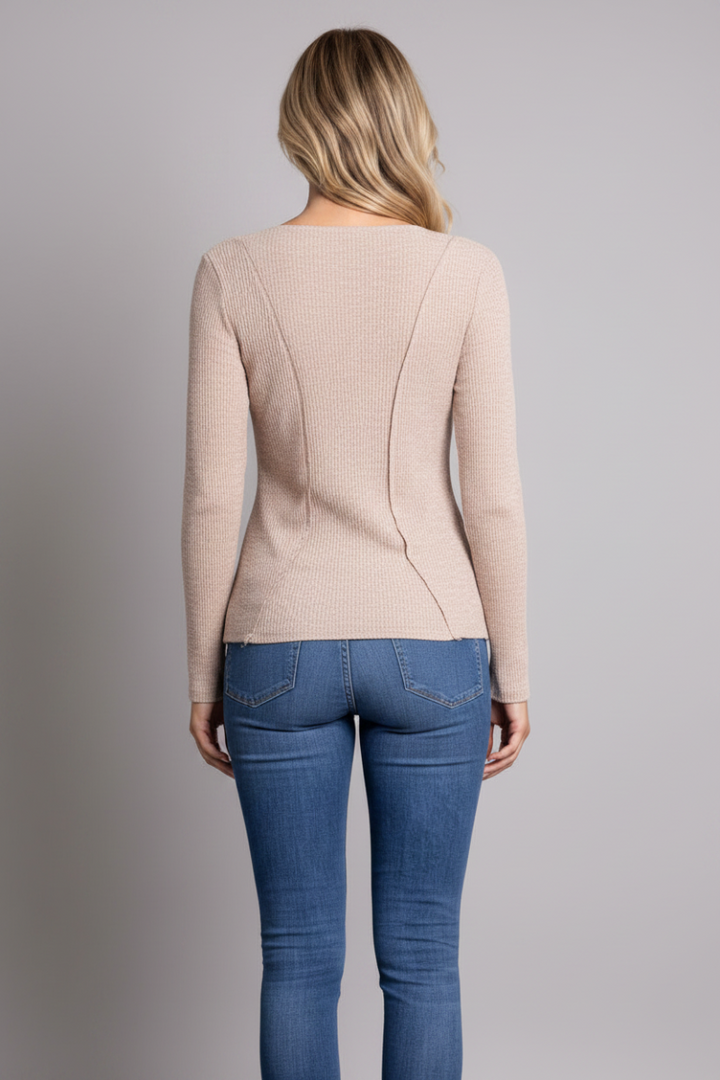 STONE BEIGE RIBBED KNIT BUTTON DOWN LONG SLEEVE TOP-TAT368-