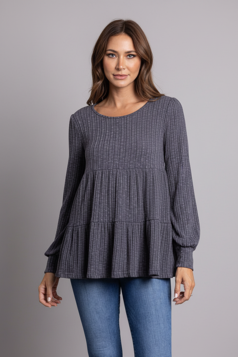CHARCOAL RIBBED KNIT CUFF LONG SLEEVE TOP-TJ10119