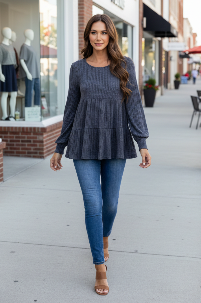 CHARCOAL RIBBED KNIT CUFF LONG SLEEVE TOP-TJ10119