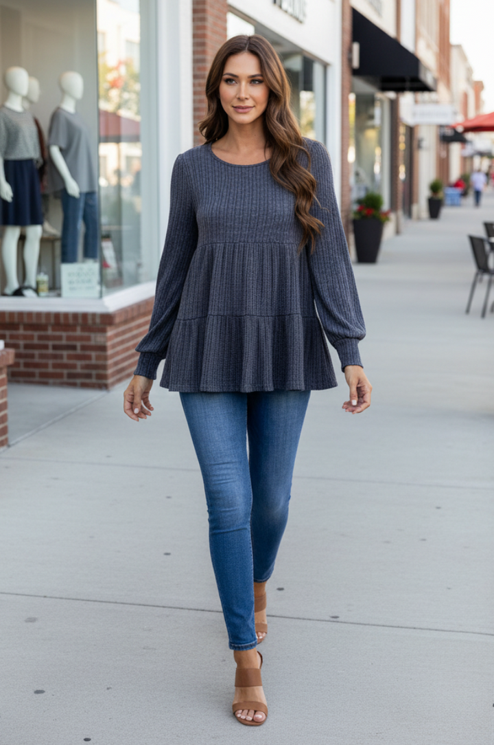 CHARCOAL RIBBED KNIT CUFF LONG SLEEVE TOP-TJ10119