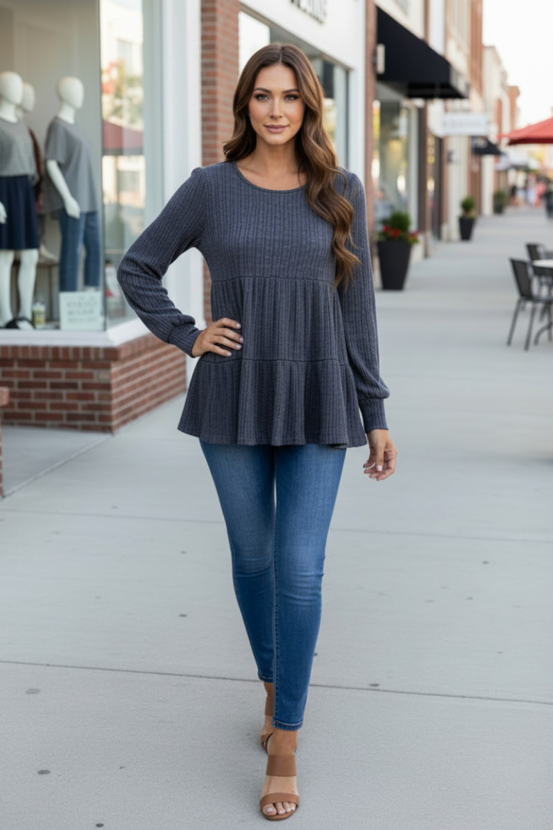 CHARCOAL RIBBED KNIT CUFF LONG SLEEVE TOP-TJ10119