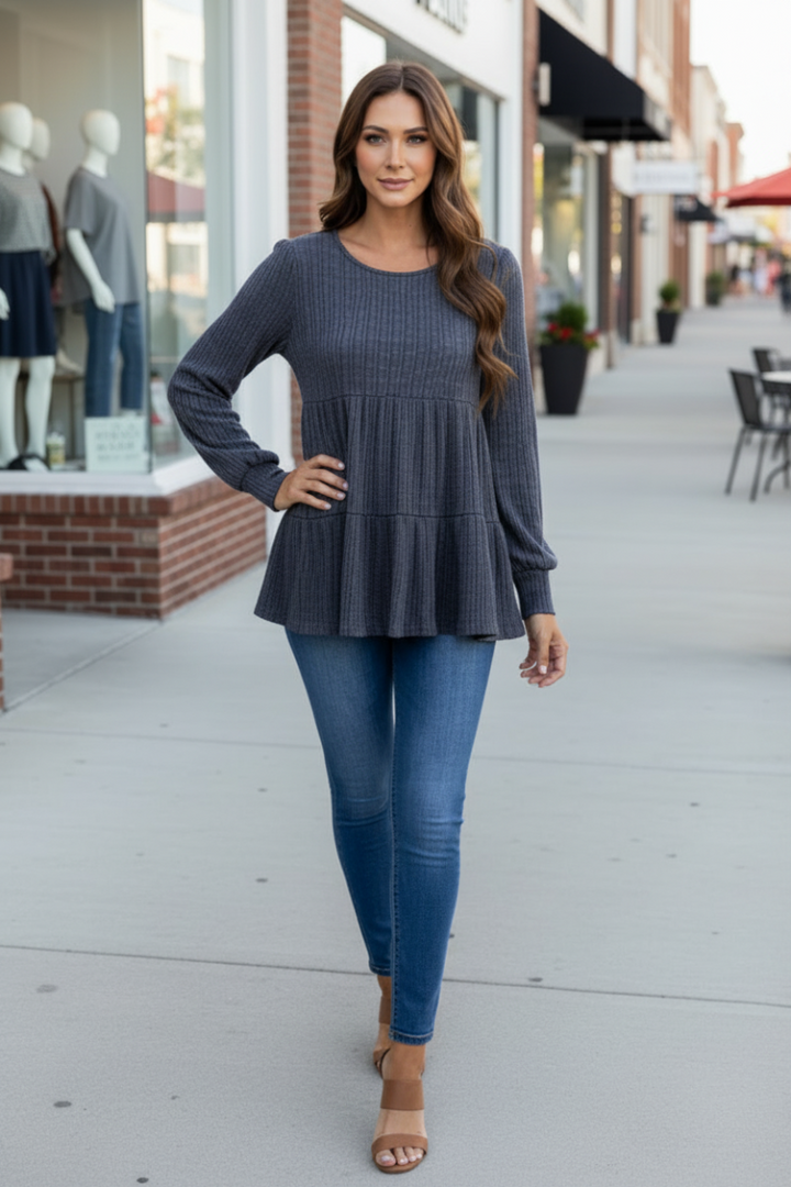 CHARCOAL RIBBED KNIT CUFF LONG SLEEVE TOP-TJ10119