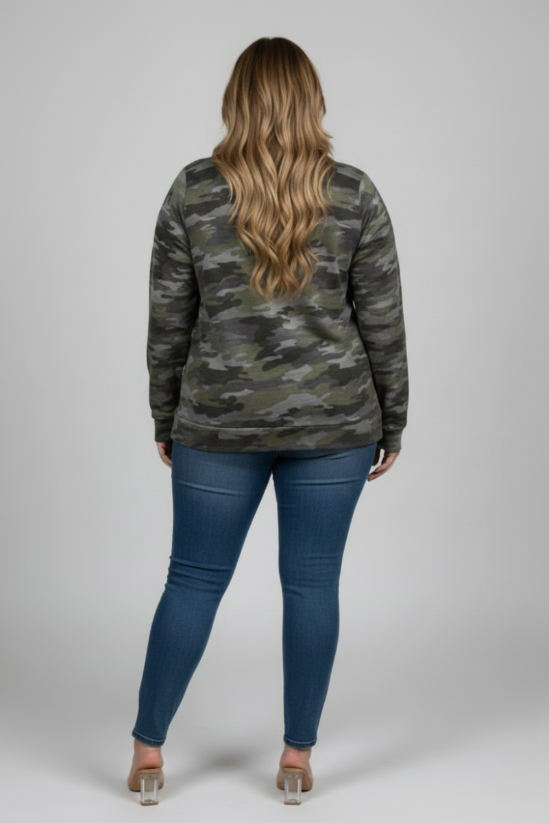 MILITARY PRINT PULLOVER PLUS SIZE TOP T7571PLB -