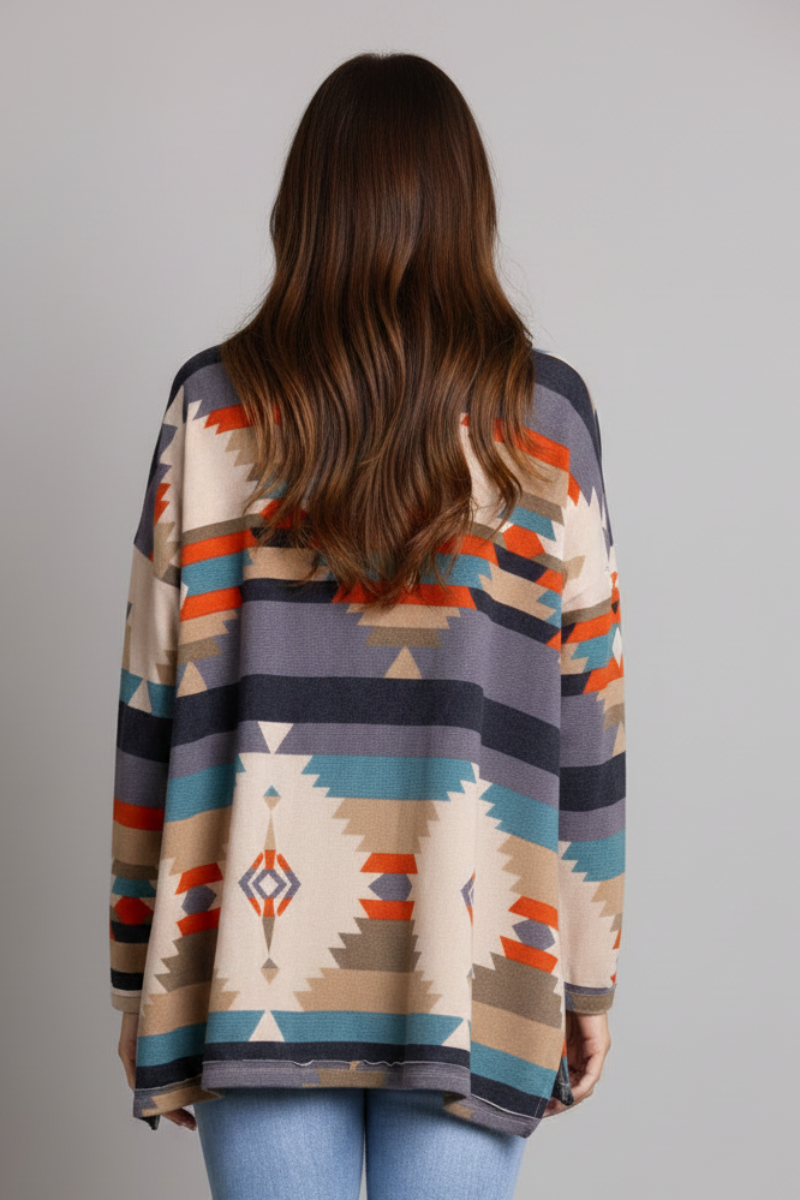 GRAY ORANGE AZTEC PRINT OPEN FRONT CARDIGAN-SG21040