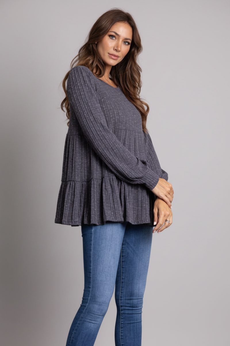 CHARCOAL RIBBED KNIT CUFF LONG SLEEVE TOP-TJ10119