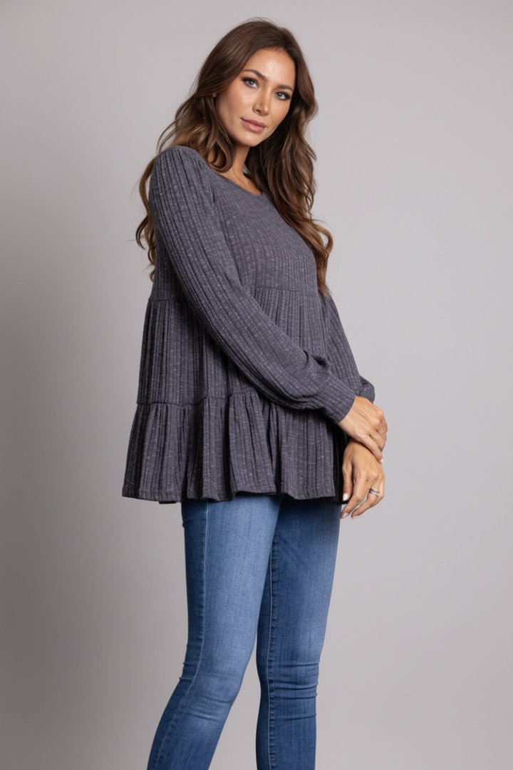 CHARCOAL RIBBED KNIT CUFF LONG SLEEVE TOP-TJ10119