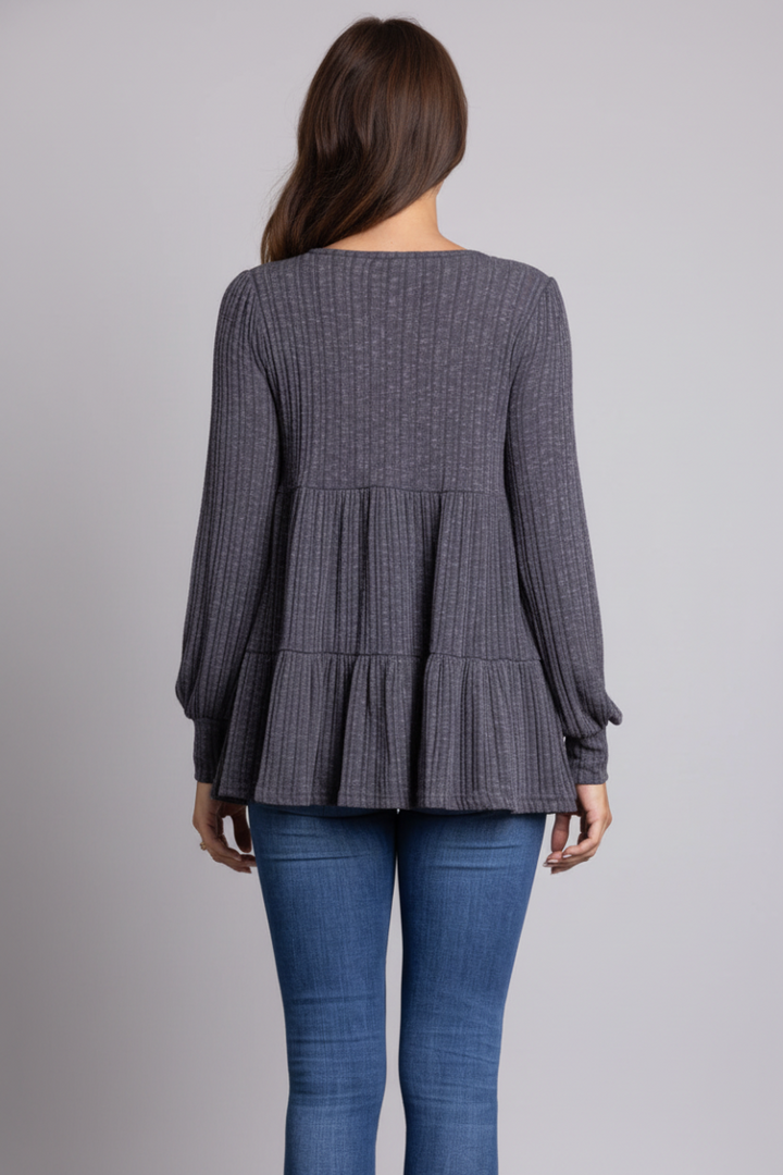 CHARCOAL RIBBED KNIT CUFF LONG SLEEVE TOP-TJ10119