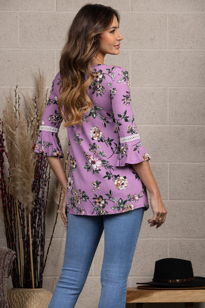 FLORAL PRINT LACE DETAILED BELL LONG SLEEVES TOP