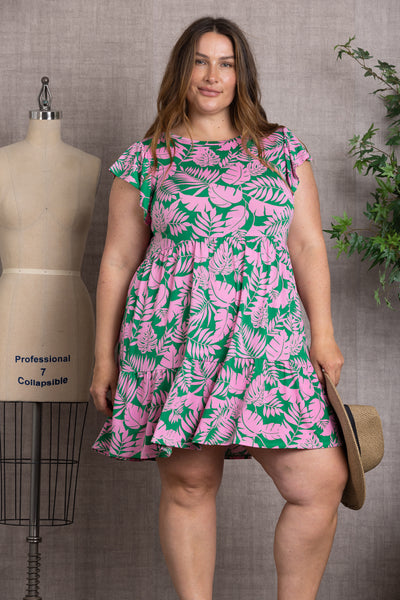 FLORAL & LEAF BABY-DOLL BUTTERFLY SLEEVES PLUS SIZE MINI DRESS-D5106