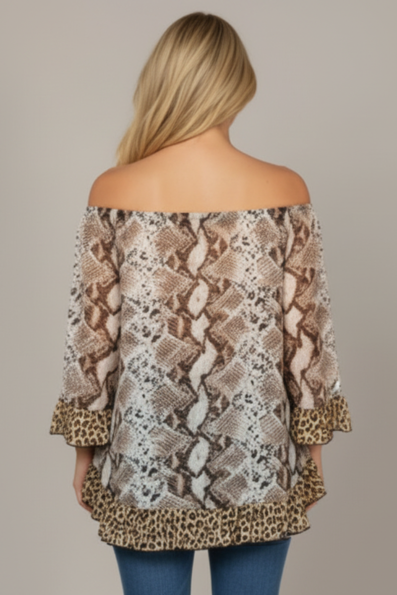 BROWN SNAKESKIN OFF SHOULDER PLUS SIZE TOP T4064P