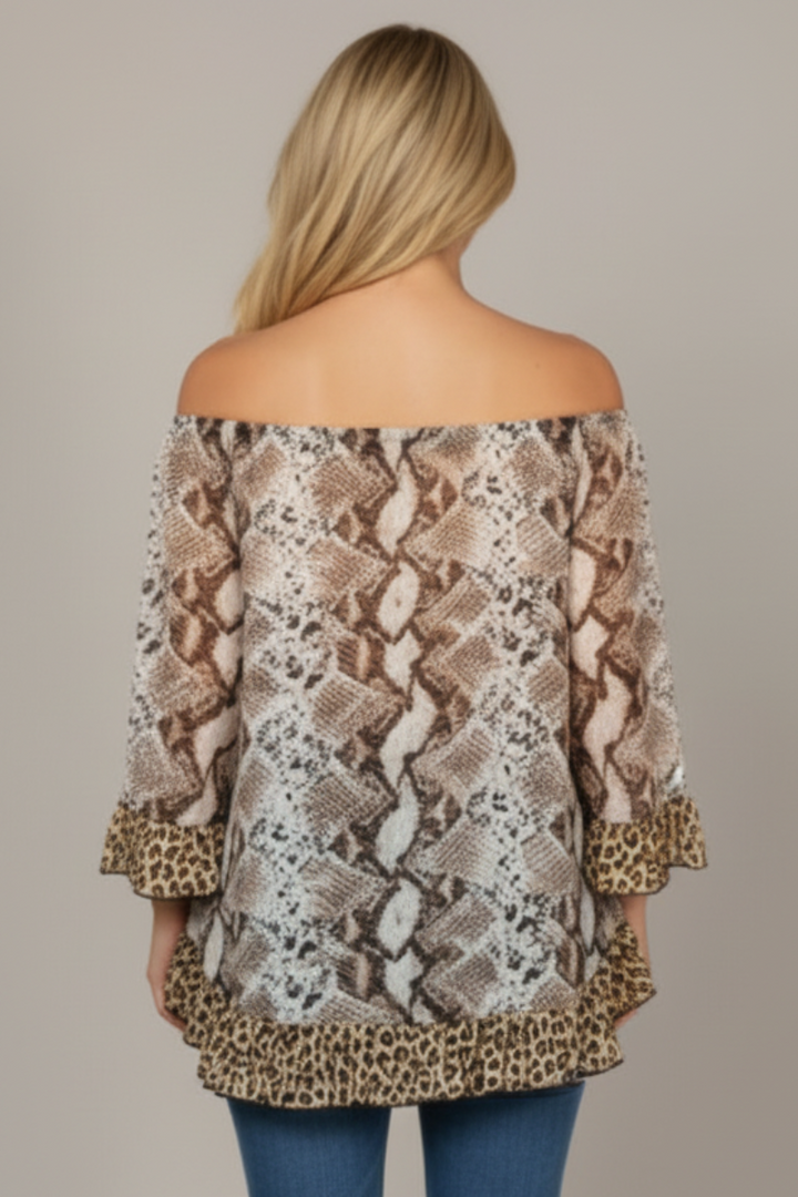 BROWN SNAKESKIN OFF SHOULDER PLUS SIZE TOP T4064P
