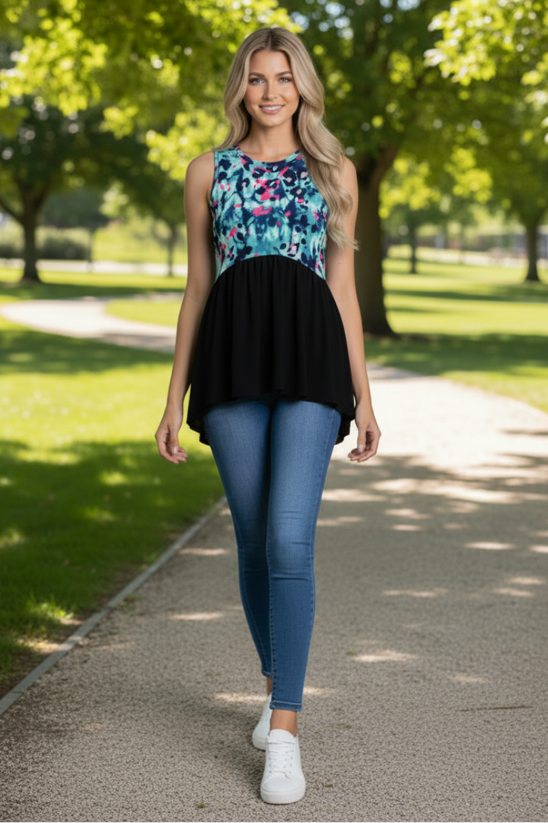 BLACK TIE-DYE CAMO SLEEVELESS TOP-B5649-
