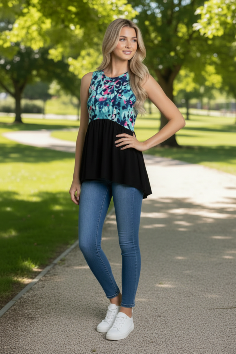 BLACK TIE-DYE CAMO SLEEVELESS TOP-B5649-
