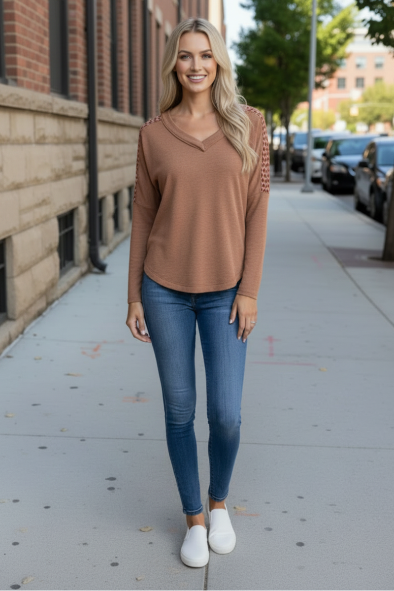 CHEVRON MESH KNIT LONG SLEEVE TOP-TJ10169SB-