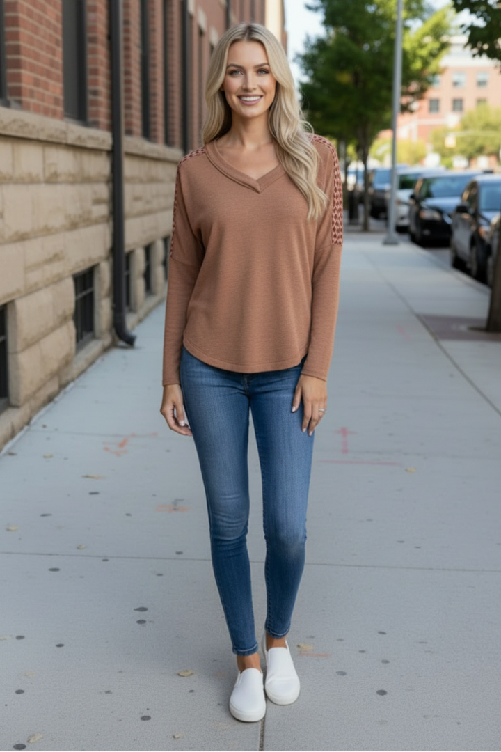 CHEVRON MESH KNIT LONG SLEEVE TOP-TJ10169SB-