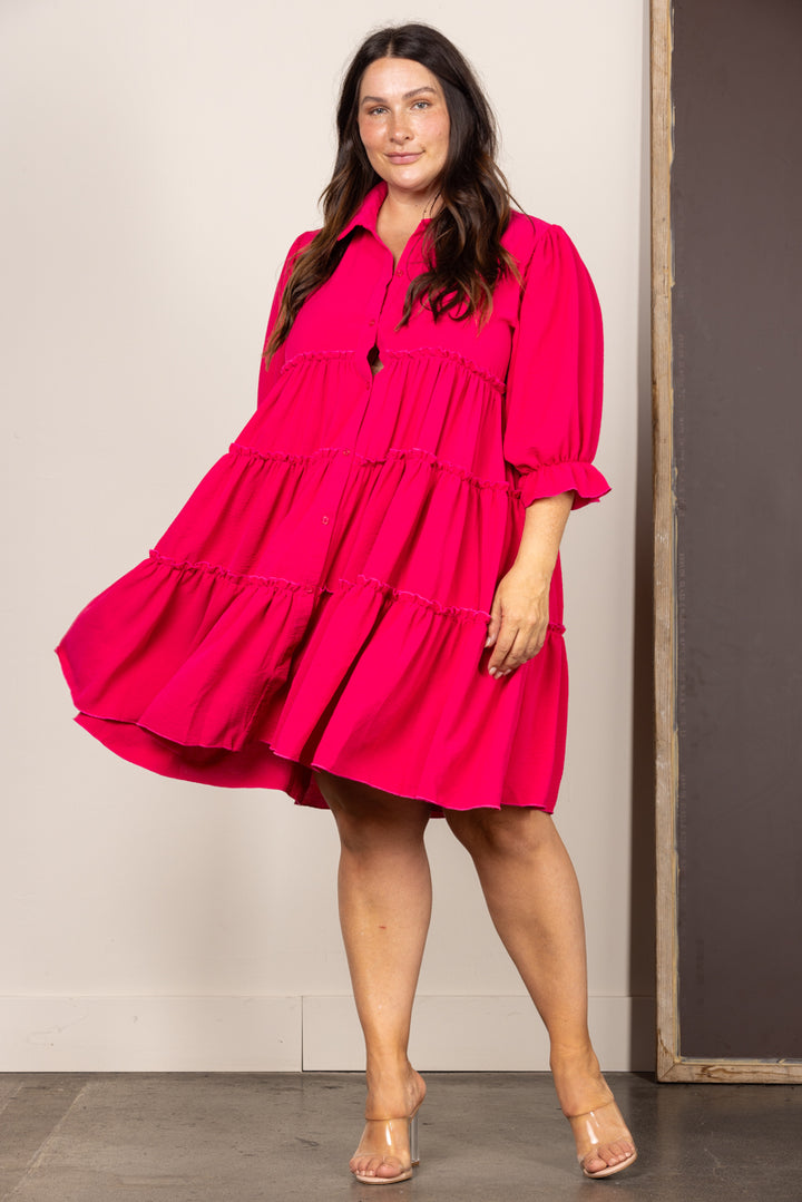 FUSCHIA COLLARED BUTTON FRONT 3/4 SLEEVES PLUS SIZE MINI DRESS SD1385