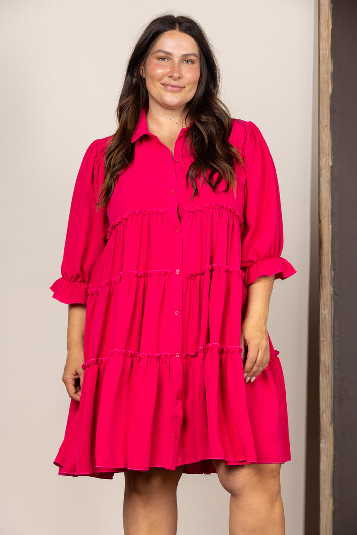 SD1385-Wholesale FUSCHIA COLLARED BUTTON FRONT 3/4 SLEEVES MINI DRESS