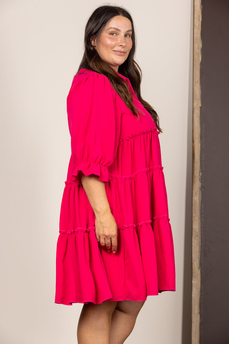 FUSCHIA COLLARED BUTTON FRONT 3/4 SLEEVES PLUS SIZE MINI DRESS SD1385