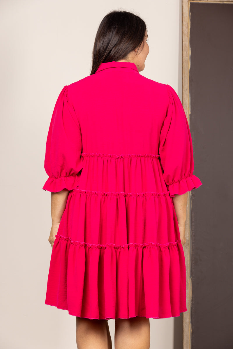 FUSCHIA COLLARED BUTTON FRONT 3/4 SLEEVES PLUS SIZE MINI DRESS SD1385