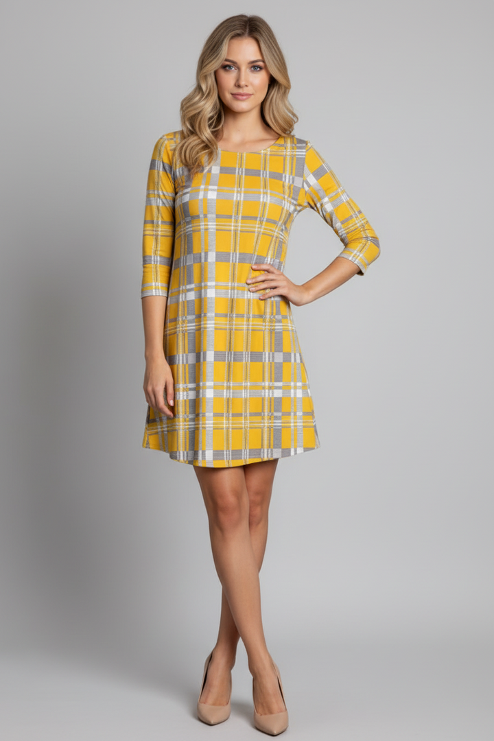 MUSTARD PLAID CHECKERED PRINT MINI DRESS-SD21058-