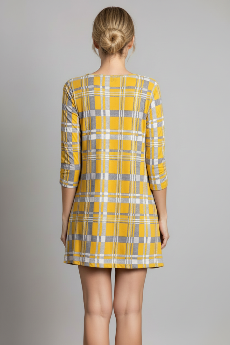 MUSTARD PLAID CHECKERED PRINT MINI DRESS-SD21058-