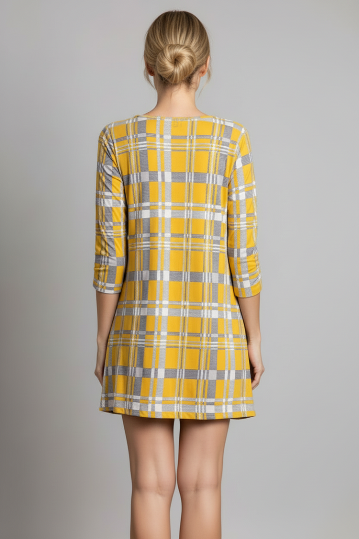 MUSTARD PLAID CHECKERED PRINT MINI DRESS-SD21058-