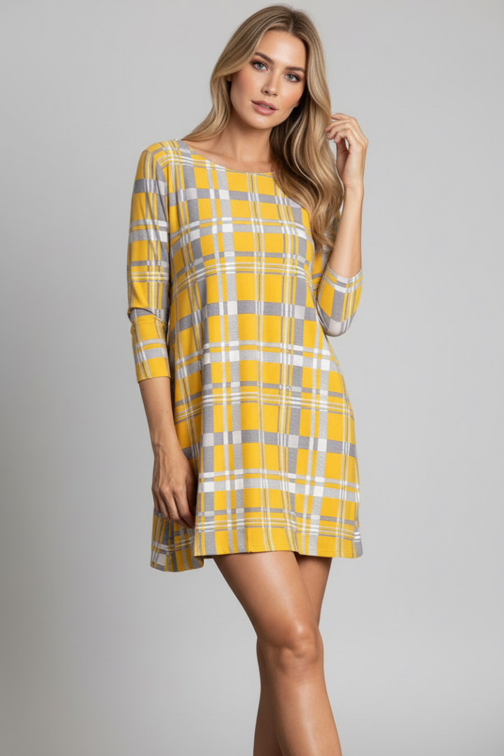 MUSTARD PLAID CHECKERED PRINT MINI DRESS-SD21058-