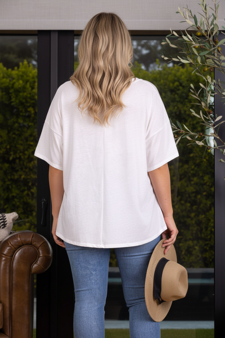WHITE LOOSE FIT PATCH PACKET PLUS SIZE TOP PTJ10732
