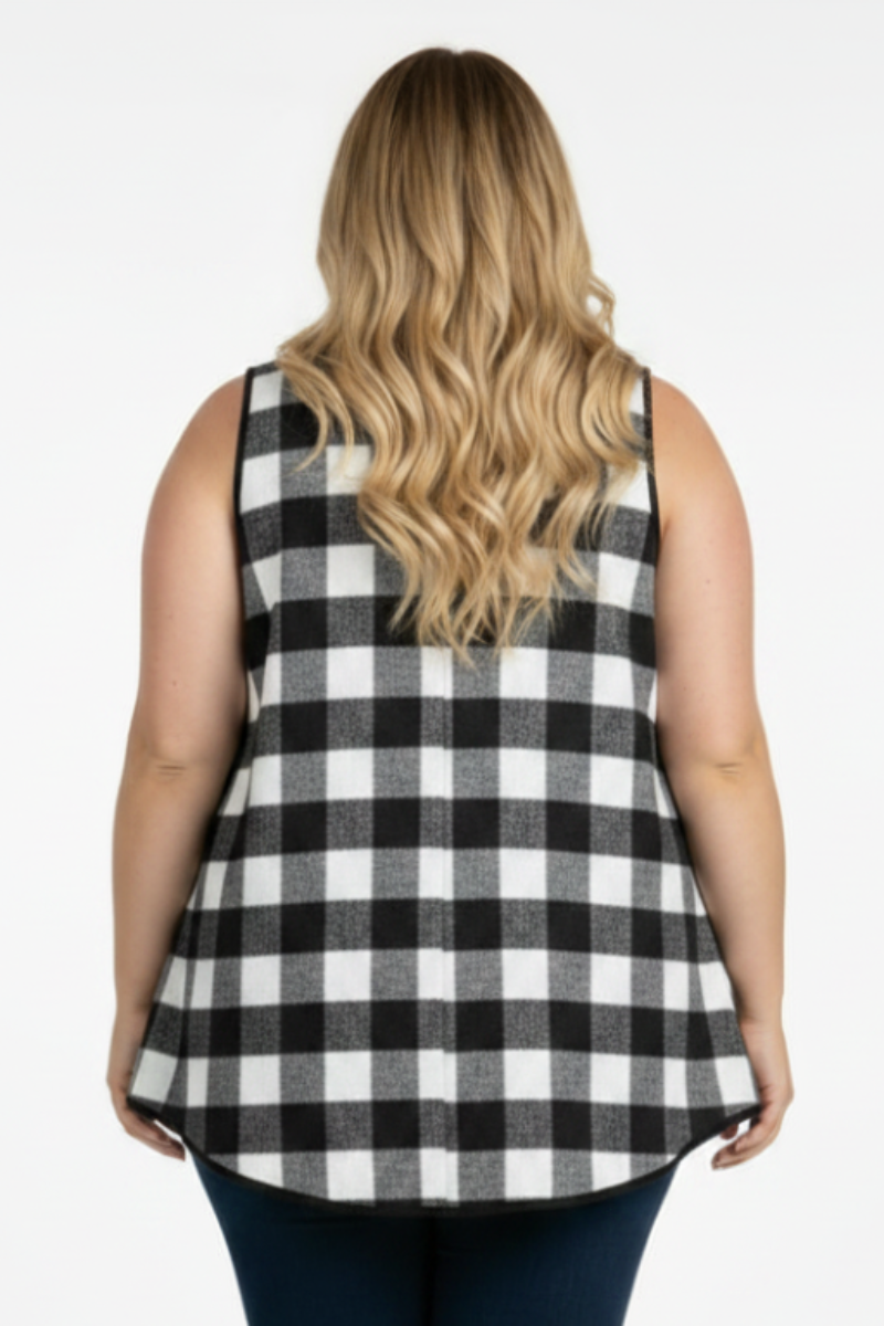 BLACK PLAID SOFT FUR POCKET PLUS SIZEVEST-M5200