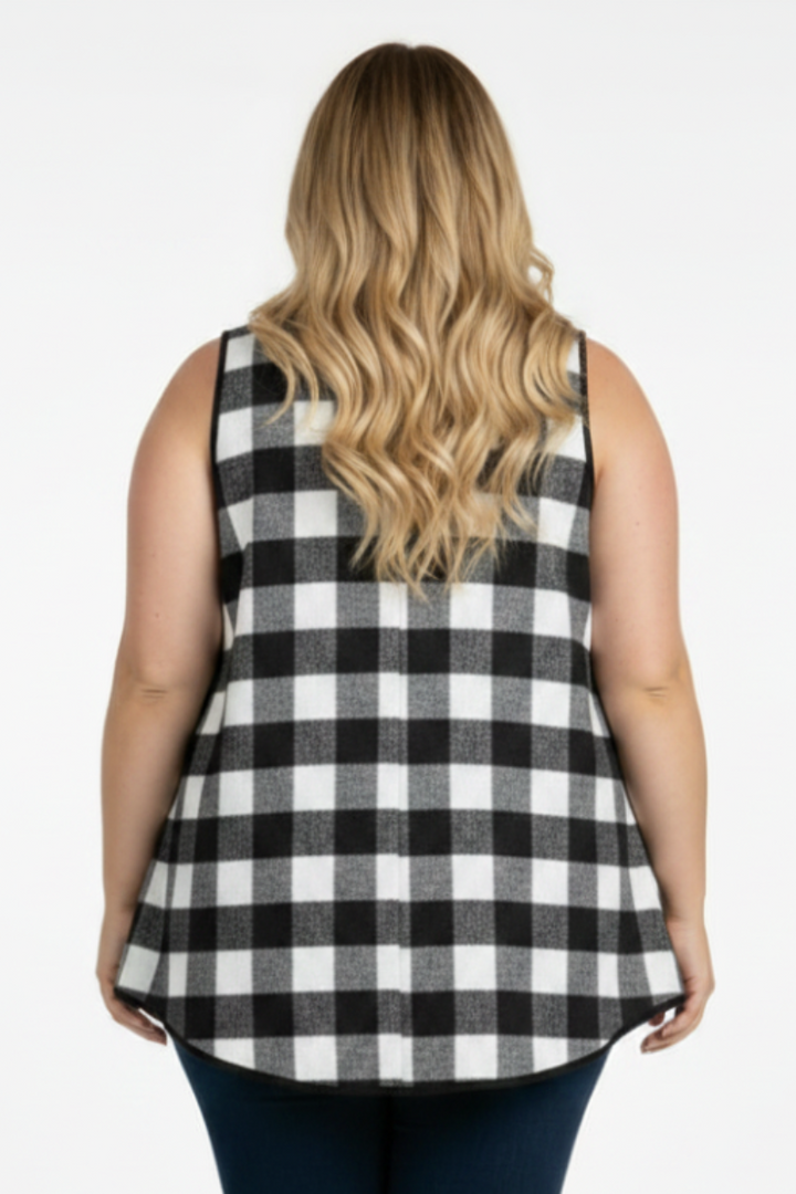 BLACK PLAID SOFT FUR POCKET PLUS SIZEVEST-M5200