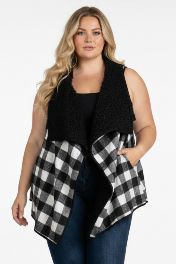 BLACK PLAID SOFT FUR POCKET PLUS SIZEVEST-M5200