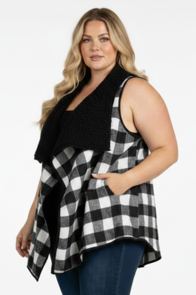 BLACK PLAID SOFT FUR POCKET PLUS SIZEVEST-M5200
