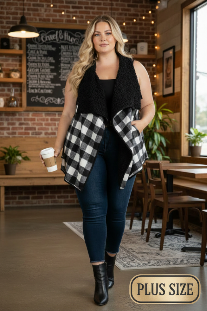 BLACK PLAID SOFT FUR POCKET PLUS SIZEVEST-M5200