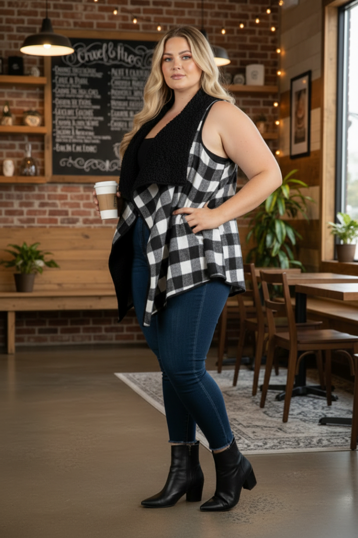BLACK PLAID SOFT FUR POCKET PLUS SIZEVEST-M5200