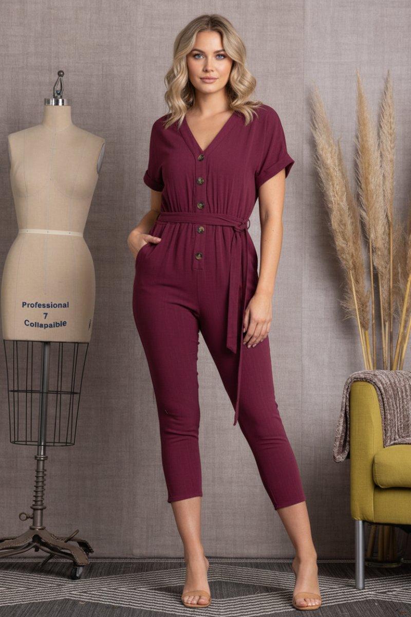 PLUM V-NECK SHORT SLEEVES W/SLASH JUMPSUITS-SS8137