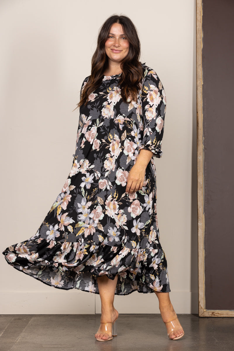 VL5783-Wholesale BLACK FLORAL RUFFLED PLUS SIZE MAXI DRESS