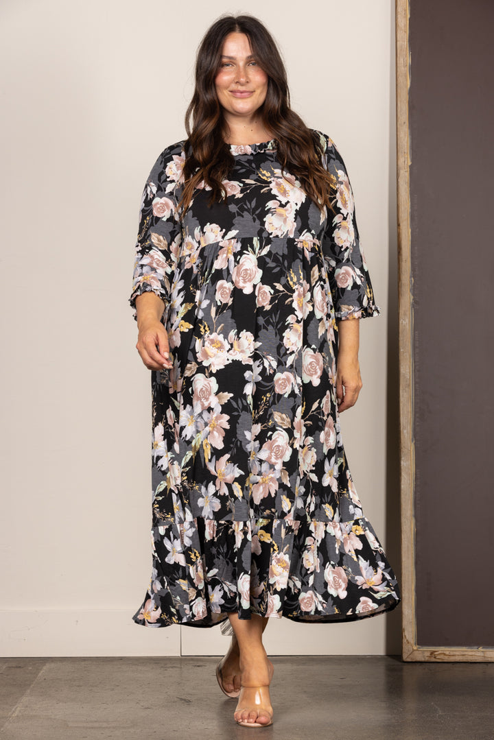 BLACK FLORAL RUFFLED PLUS SIZE MAXI DRESS VL5783
