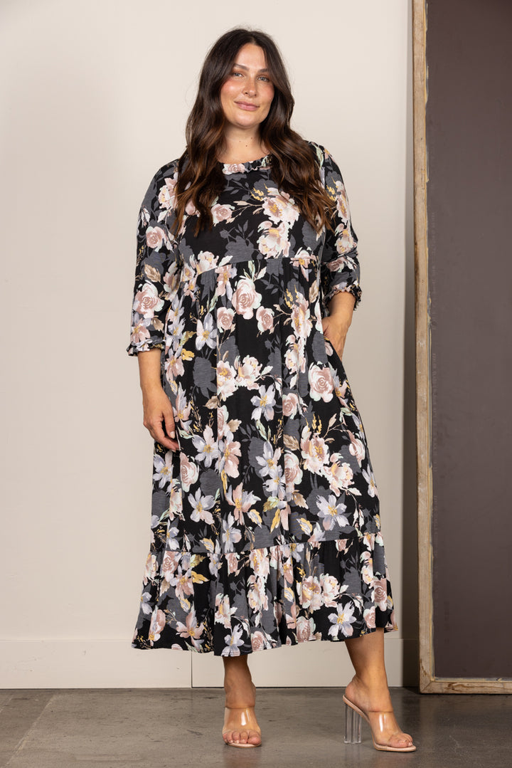 BLACK FLORAL RUFFLED PLUS SIZE MAXI DRESS VL5783