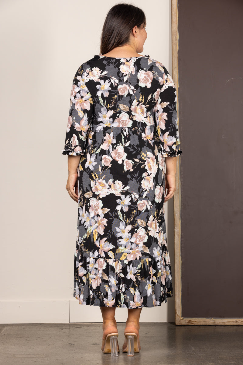 BLACK FLORAL RUFFLED PLUS SIZE MAXI DRESS VL5783