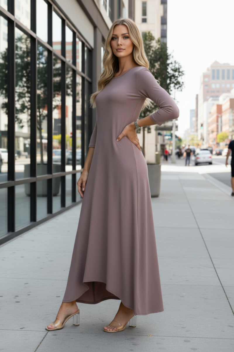 MOCHA LONG SLEEVES SHARK BITE HEM MAXI DRESS SD1161S-